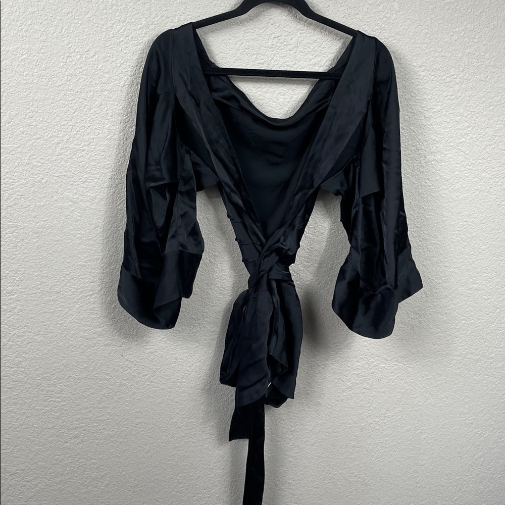 Nwt Petar Petrov Cosima Cross Back Wrap Blouse Black Satin Sz 44 — image 5 of 8